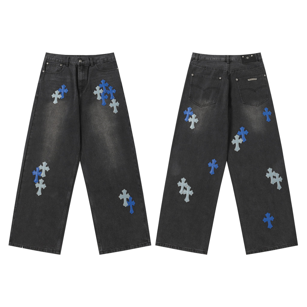 Chrome Hearts Grey & Blue Leather Cross Patches Jeans