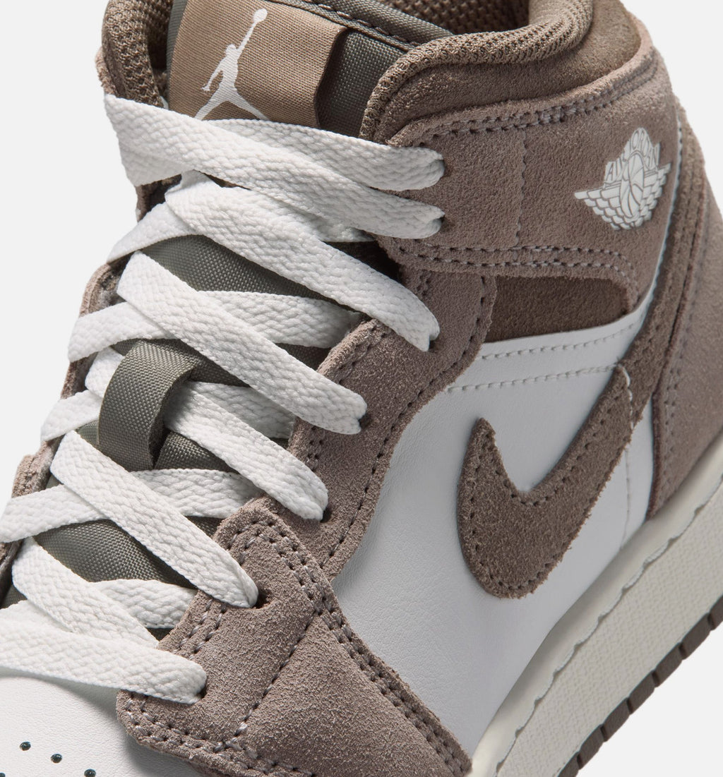 Air Jordan 1 Mid – Grade School Lifestyle Shoe (Enigma Stone/Olive Grey/Summit White)