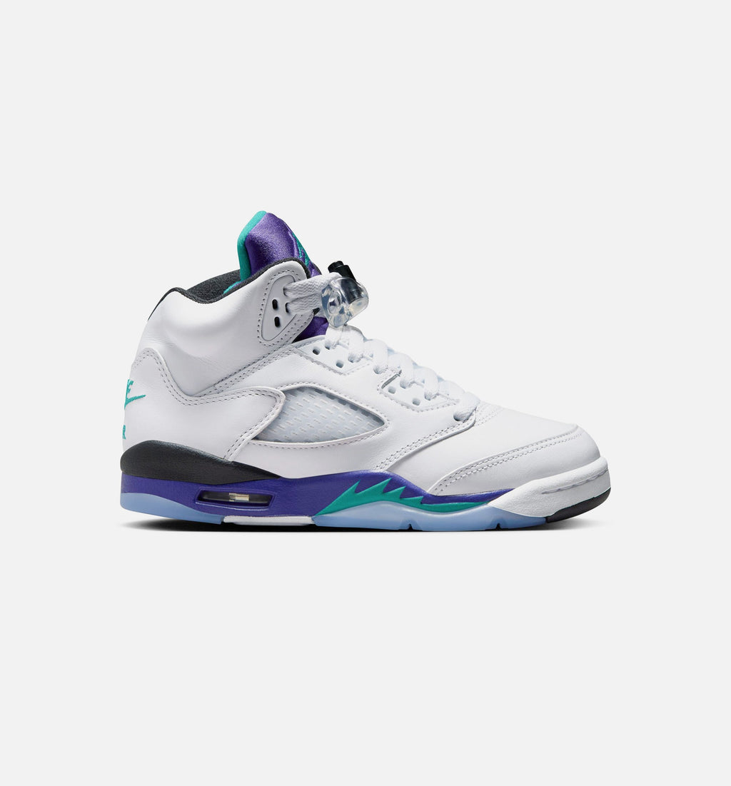 Air Jordan 5 Retro Grape – Grade School Lifestyle Shoe (White/New Emerald/Grape Ice/Black)