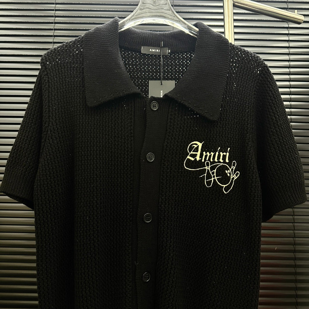 AMIRI Gothic Script Embroidered Short‑Sleeve Knit Cardigan