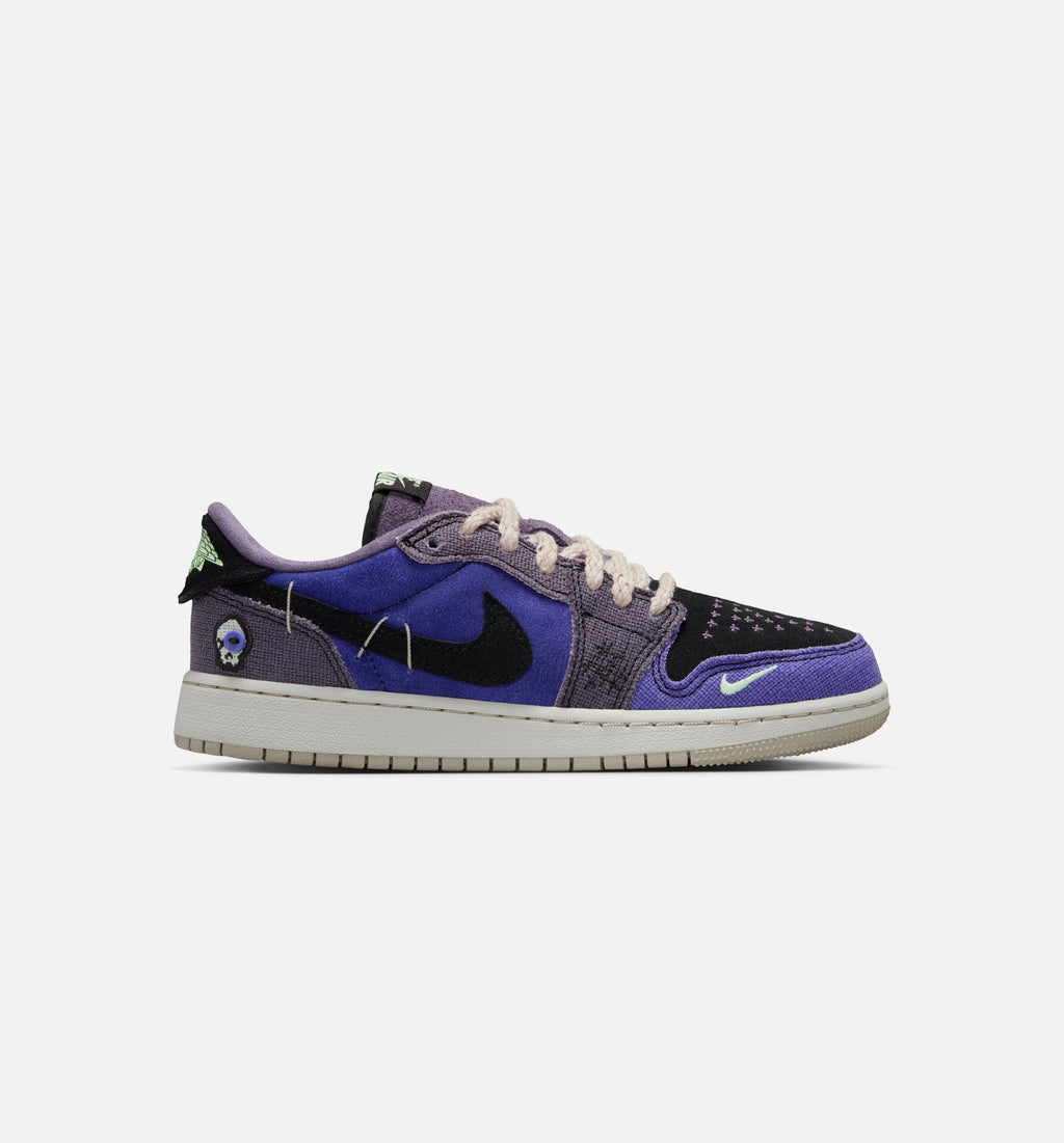 Air Jordan 1 Low OG – Grade School Lifestyle Shoe (Regency Purple/Vapor Green/Black/Dark Raisin/Daybreak/Light Silver)