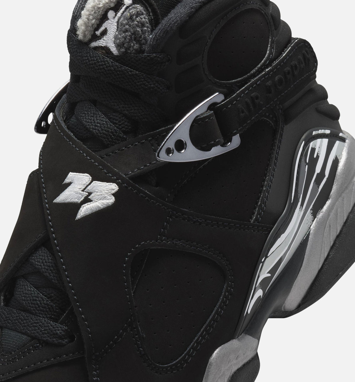 Air Jordan 8 Retro Chrome Black and Light Graphite – Grade School Lifestyle Shoe (Black/White/Light Graphite)