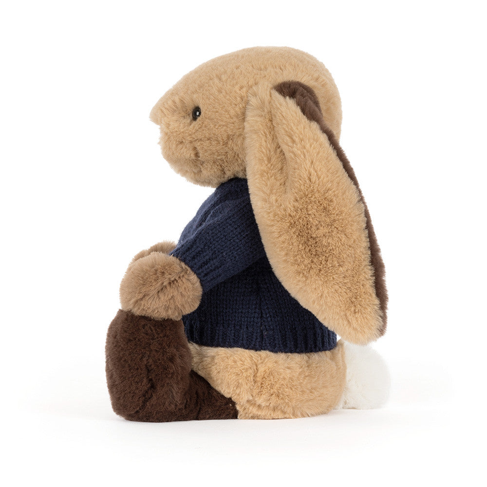 Bashful Patchwork Brown Bunny with Personalized Navy Jumper