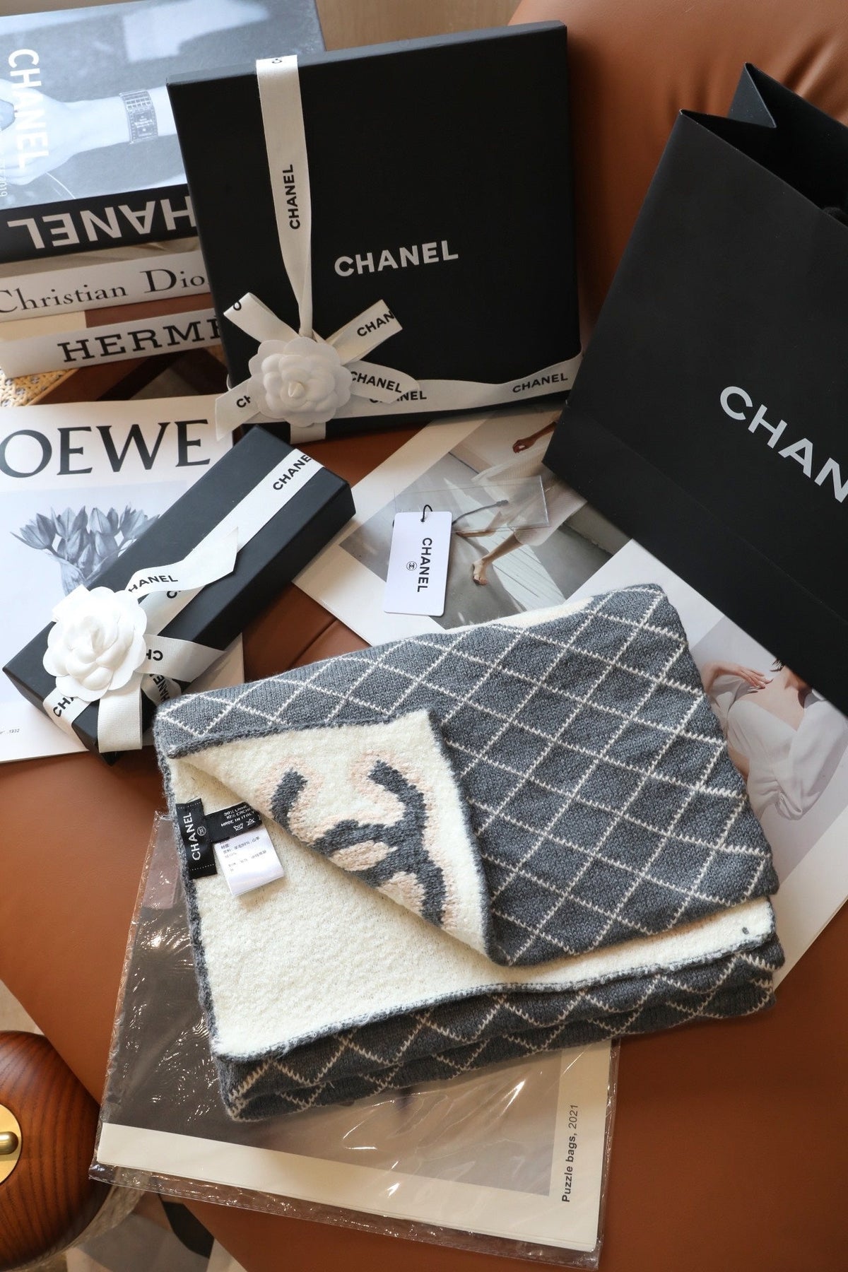Chanel Style Fuzzy Reversible Diamond Logo Scarf