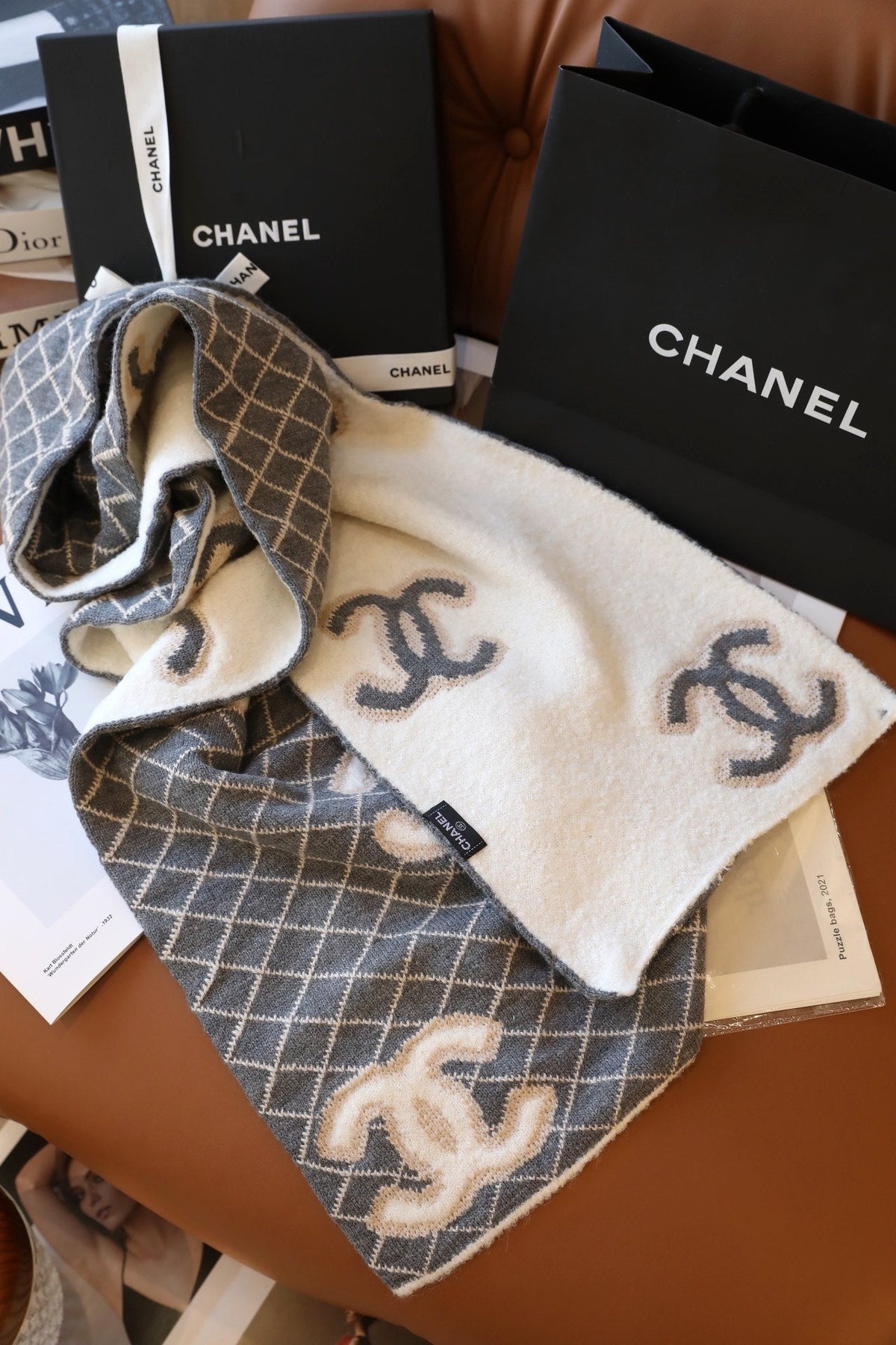 Chanel Style Fuzzy Reversible Diamond Logo Scarf
