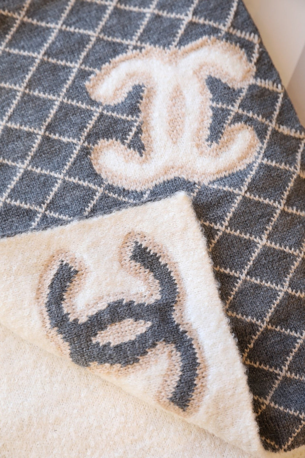 Chanel Style Fuzzy Reversible Diamond Logo Scarf