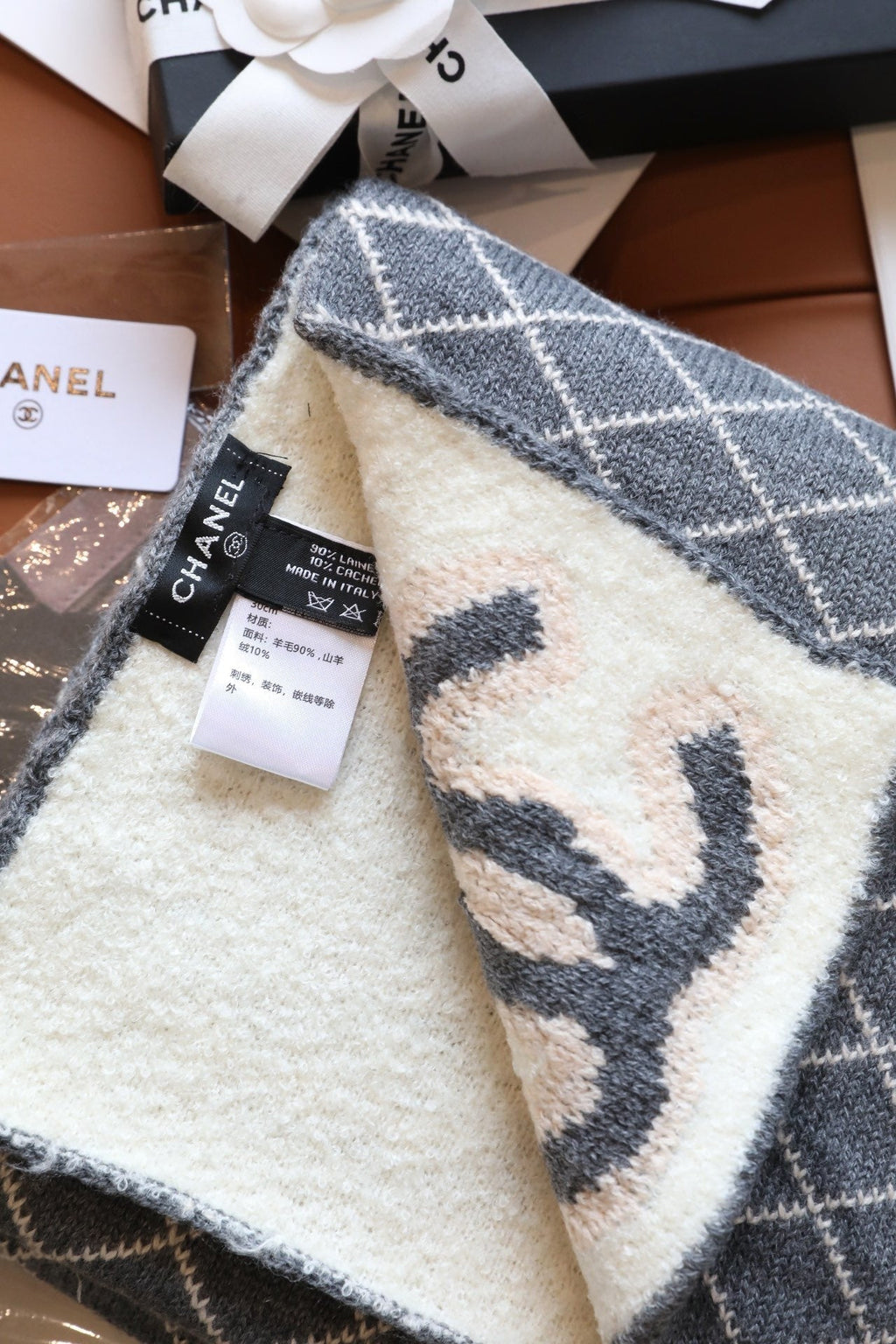 Chanel Style Fuzzy Reversible Diamond Logo Scarf