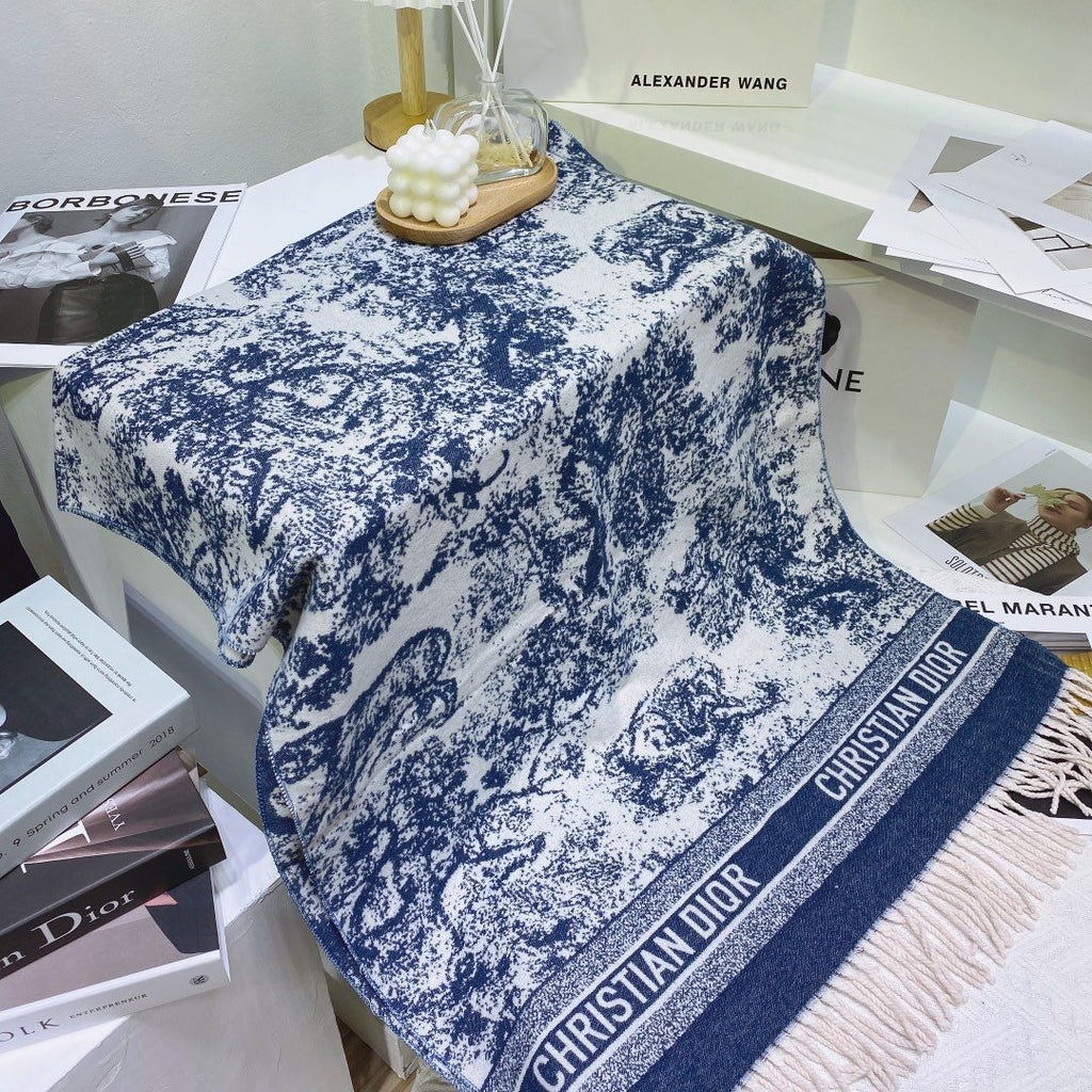 Dior Blue & White Toile Fringed Scarf